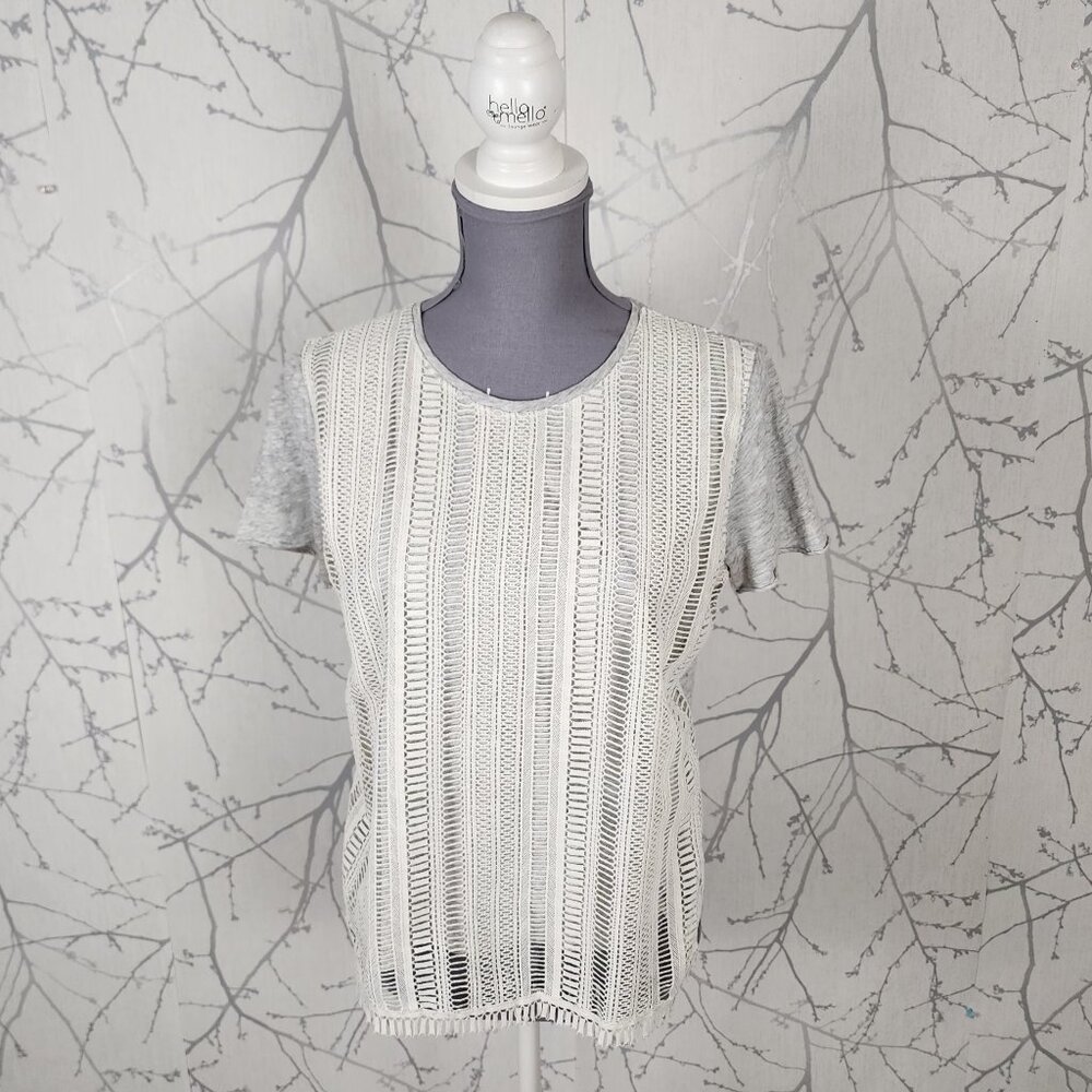 J. Crew White Gray Crochet Overlay Crewneck Top